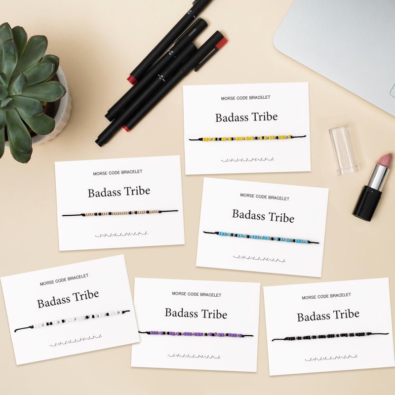QIMGIC Morse Code Bracelet for Women - 6pcs Badass Tribe Adjustable Bracelets with Decorative Card for Friends Sister Couples, Funny Inspirational Morse Code Handmade Jewelry Gift for Birthday Team - Image 5