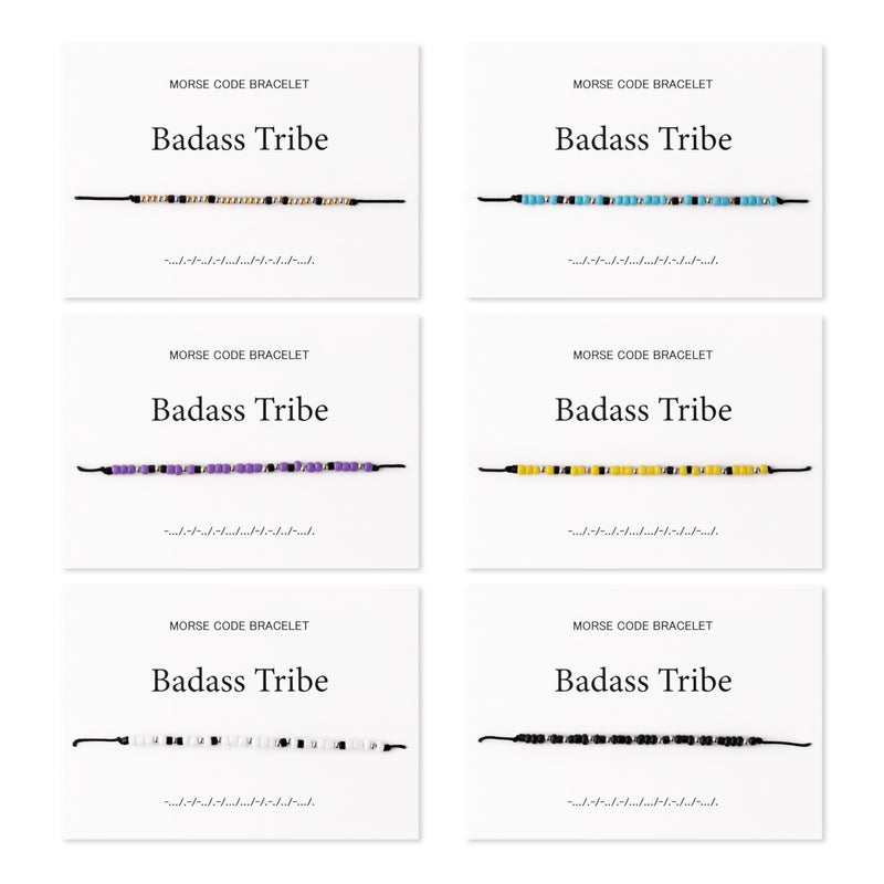 QIMGIC Morse Code Bracelet for Women - 6pcs Badass Tribe Adjustable Bracelets with Decorative Card for Friends Sister Couples, Funny Inspirational Morse Code Handmade Jewelry Gift for Birthday Team - Image 1