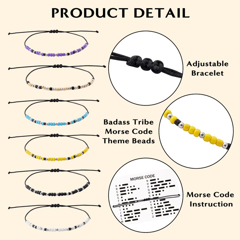 QIMGIC Morse Code Bracelet for Women - 6pcs Badass Tribe Adjustable Bracelets with Decorative Card for Friends Sister Couples, Funny Inspirational Morse Code Handmade Jewelry Gift for Birthday Team - Image 3
