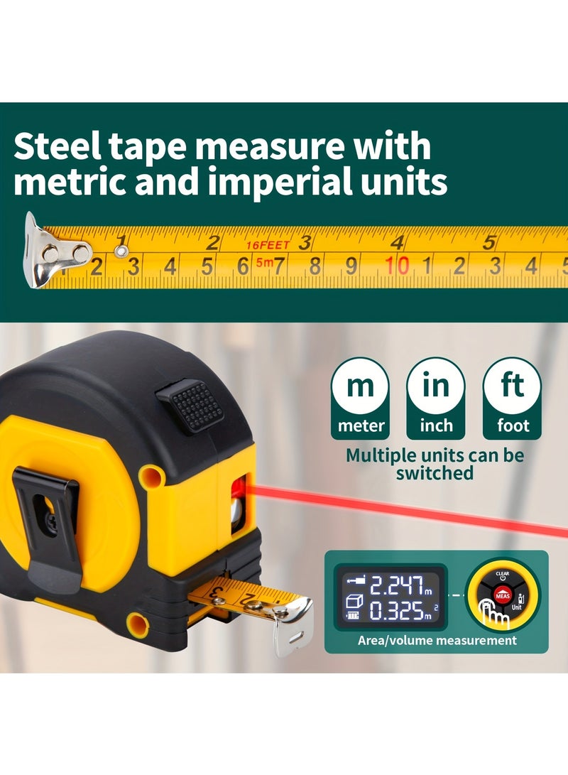 HongSheng 2 in 1 Laser Tape Measure, Digital Laser Distance Meters with LCD Display, 60M/196FT Laser Rangefinder with Type C Charging, 5M/16FT Steel Tape Measure,Laser Measure Measuring Area/Volume/Distance - Image 2