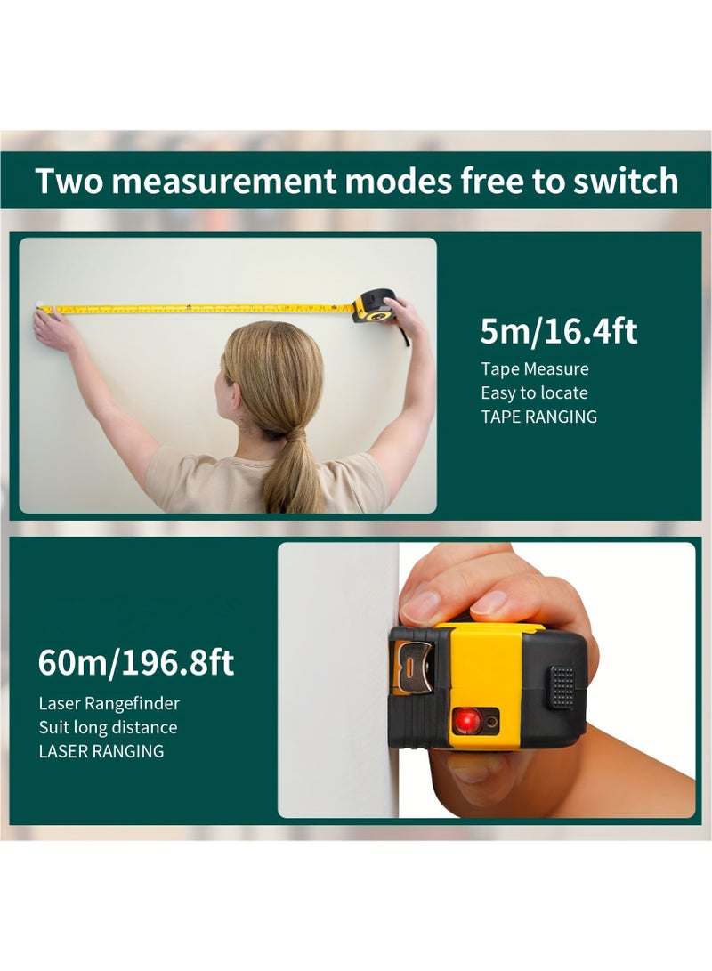 HongSheng 2 in 1 Laser Tape Measure, Digital Laser Distance Meters with LCD Display, 60M/196FT Laser Rangefinder with Type C Charging, 5M/16FT Steel Tape Measure,Laser Measure Measuring Area/Volume/Distance - Image 4