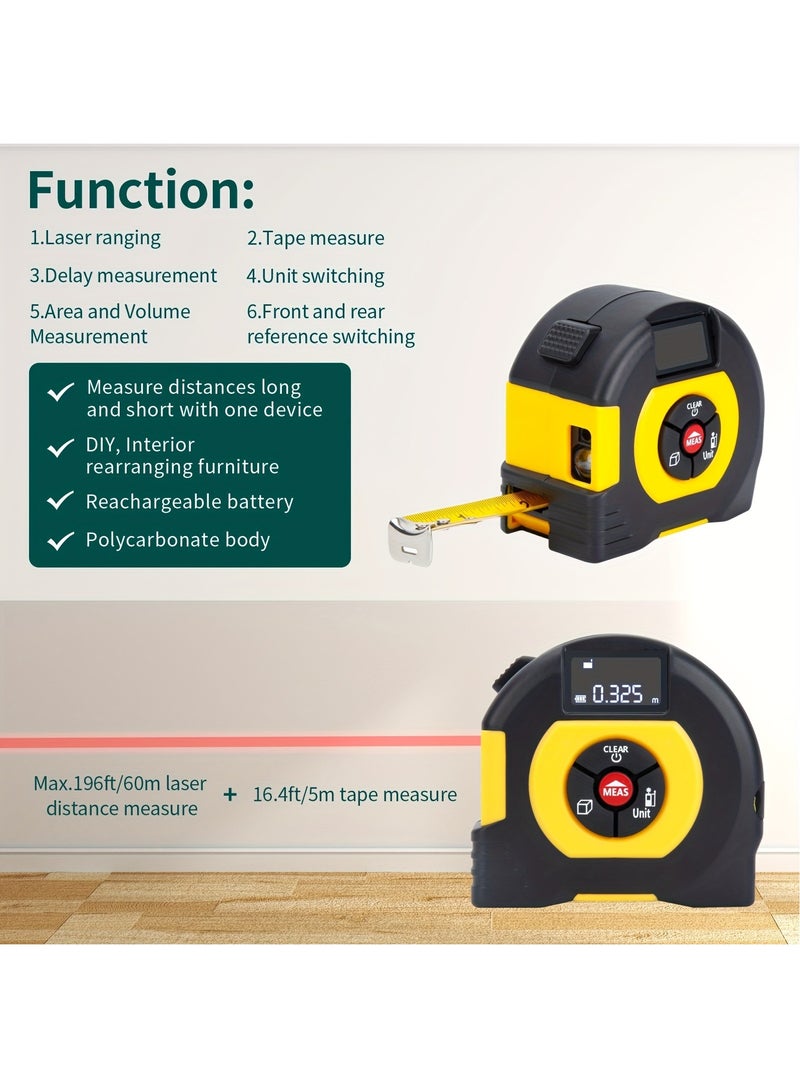 HongSheng 2 in 1 Laser Tape Measure, Digital Laser Distance Meters with LCD Display, 60M/196FT Laser Rangefinder with Type C Charging, 5M/16FT Steel Tape Measure,Laser Measure Measuring Area/Volume/Distance - Image 3