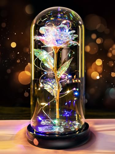 Pusuny Mothers Day Flowers Gifts for Mom Women Birthday Gift, Rechargeable Galaxy Glass Rose in Glass Dome Forever Crystal Rose Anniversary Mother's Day Roses Gifts for Daughter Wife Women Grandma Rainbow - Image 1