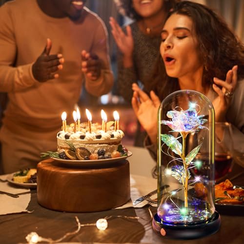 Pusuny Mothers Day Flowers Gifts for Mom Women Birthday Gift, Rechargeable Galaxy Glass Rose in Glass Dome Forever Crystal Rose Anniversary Mother's Day Roses Gifts for Daughter Wife Women Grandma Rainbow - Image 5