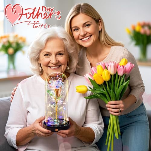 Pusuny Mothers Day Flowers Gifts for Mom Women Birthday Gift, Rechargeable Galaxy Glass Rose in Glass Dome Forever Crystal Rose Anniversary Mother's Day Roses Gifts for Daughter Wife Women Grandma Rainbow - Image 3