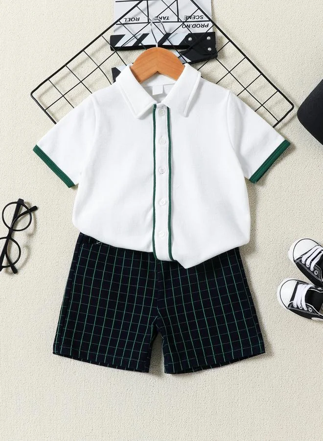 Take Two Boys Solid Short Sleeve Shirt and Plaid Shorts Set