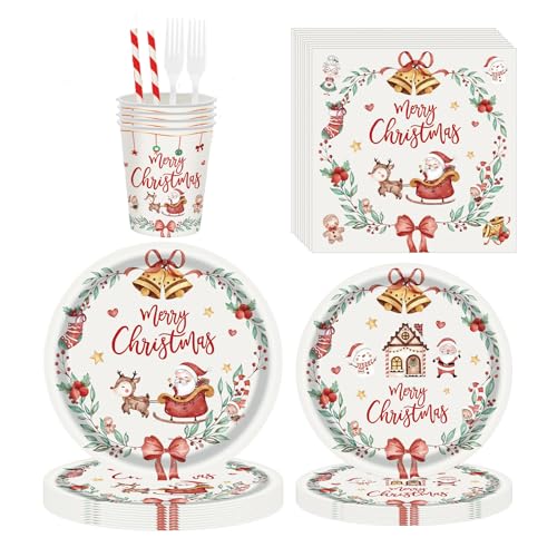 BlingRoKi 125PCS Christmas Party Paper Plates and Napkins Forks Cups Set for 20 Guests, Santa Claus Snowman Disposable Dinnerware Set Party Supplies (White) - Image 1