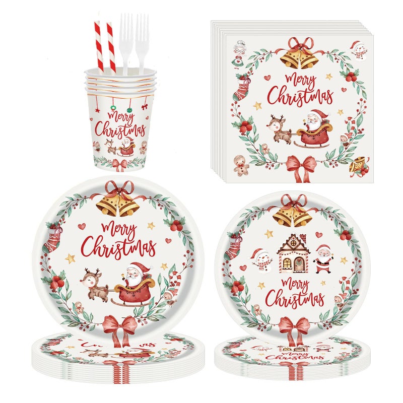 BlingRoKi 125PCS Christmas Party Paper Plates and Napkins Forks Cups Set for 20 Guests, Santa Claus Snowman Disposable Dinnerware Set Party Supplies (White) - Image 2