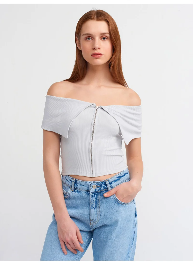 ديلفين 30748 Off Shoulder Zipper Detailed Top-Grey