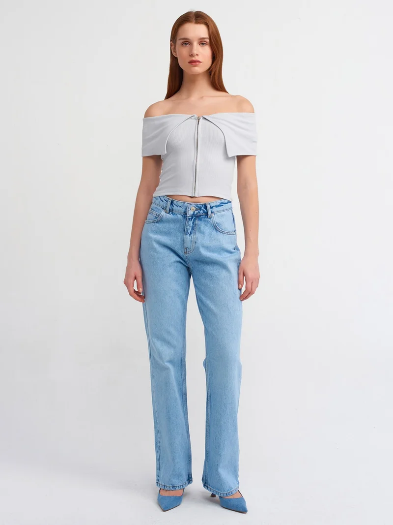 ديلفين 30748 Off Shoulder Zipper Detailed Top-Grey
