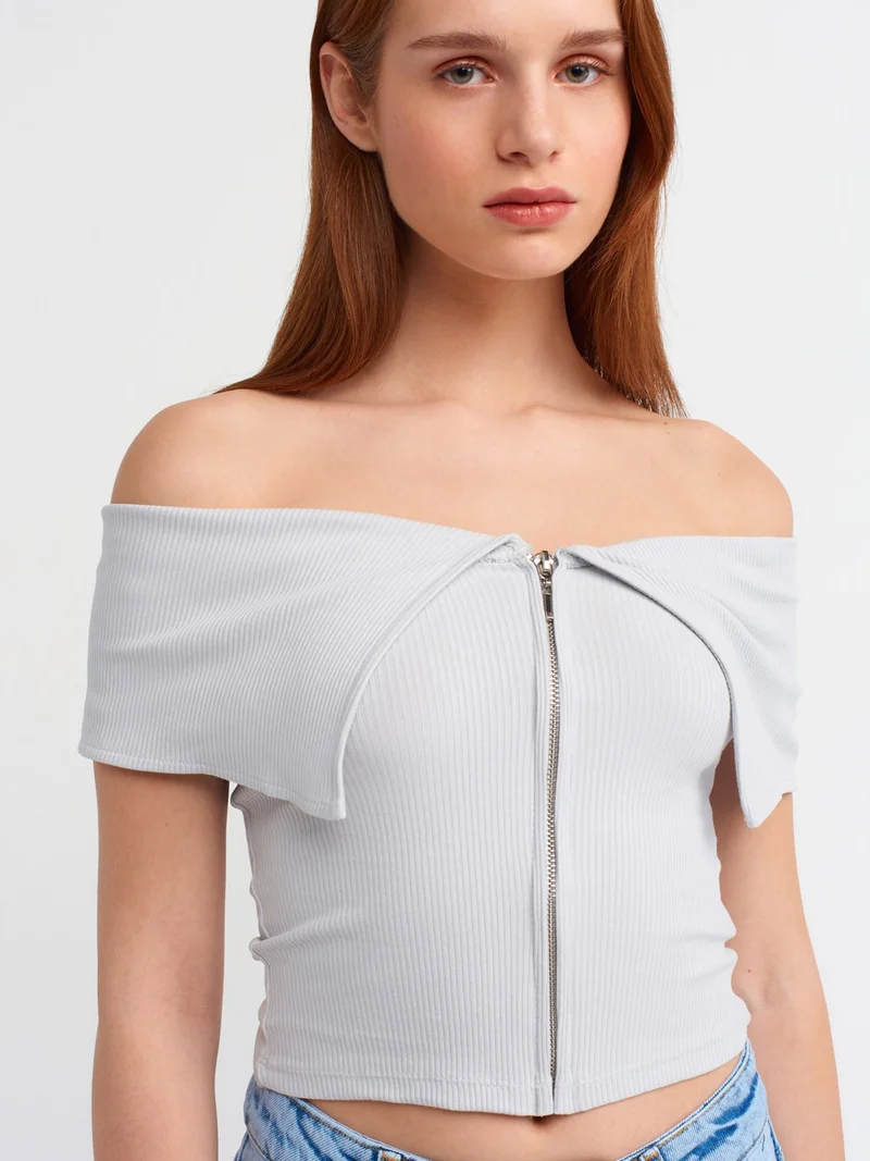 ديلفين 30748 Off Shoulder Zipper Detailed Top-Grey