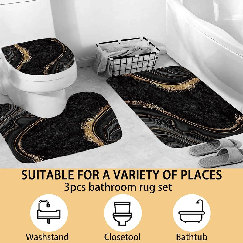 beifivcl 4Pcs Luxury Marble Shower Curtain Sets, Bathroom Sets with Shower Curtain, Toilet Lid Rug, Contour Mat and Bath Mat, Shower Curtain with 12 Hooks for Bathroom Set Decor (72 x 72 Inch), Black - Image 5