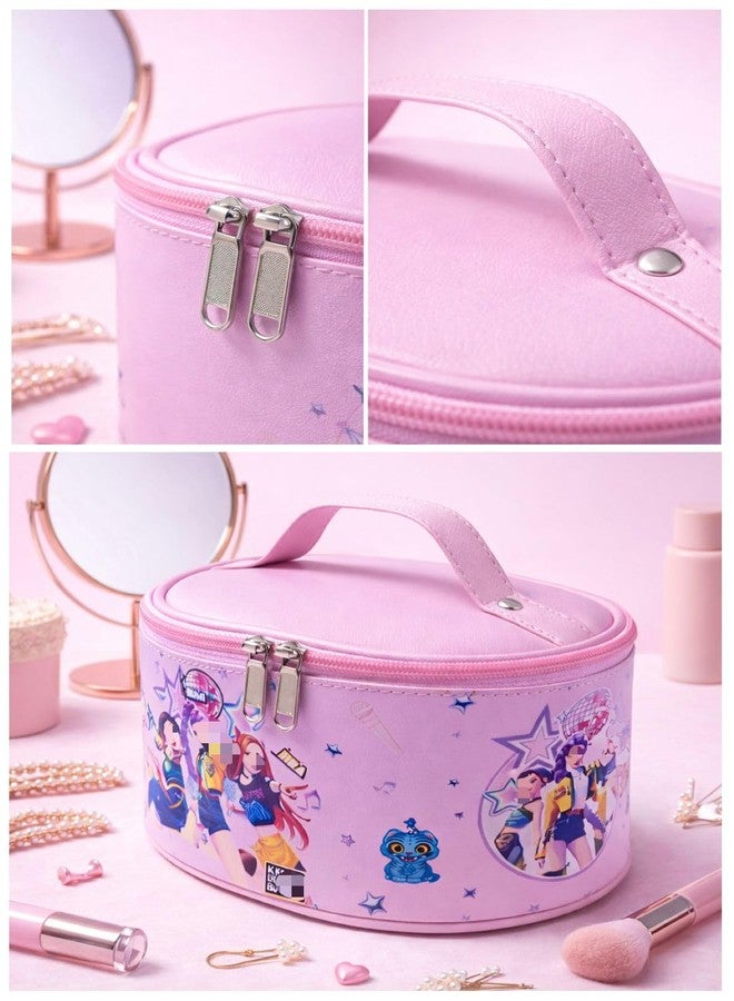 Glitreeprops K-Pop Huntrixk Makeup Organizer for Girls & Teens | Cute Cosmetic Storage Case with Handle | Portable Travel Makeup Bag with Brush Holder | Kids Cosmetic Box (21 x 12 cm) - Image 4