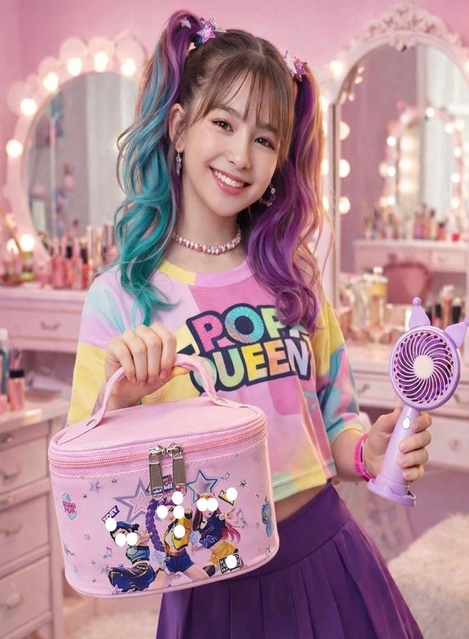 Glitreeprops K-Pop Huntrixk Makeup Organizer for Girls & Teens | Cute Cosmetic Storage Case with Handle | Portable Travel Makeup Bag with Brush Holder | Kids Cosmetic Box (21 x 12 cm) - Image 5