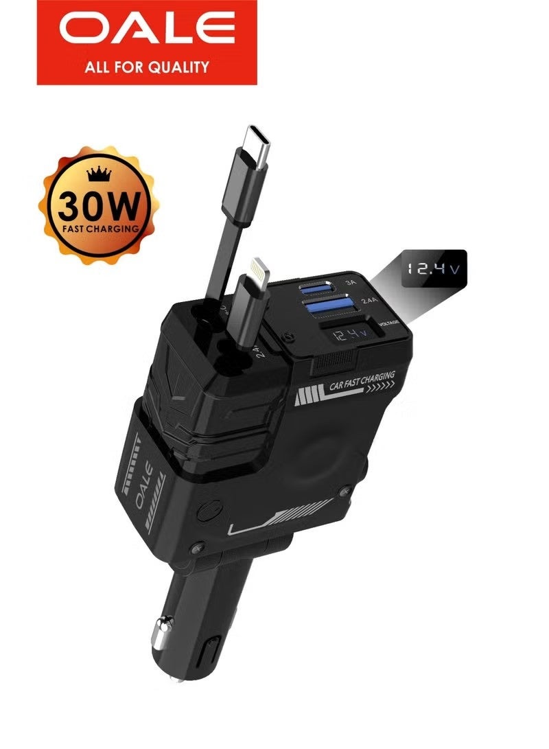OALE 4-in-1 Car Charger, 180° Adjustable, Retractable Lightning & Type-C Cables, 30W Fast Charging, Multi-Device Compatible, 4 Outputs, Black - Image 1