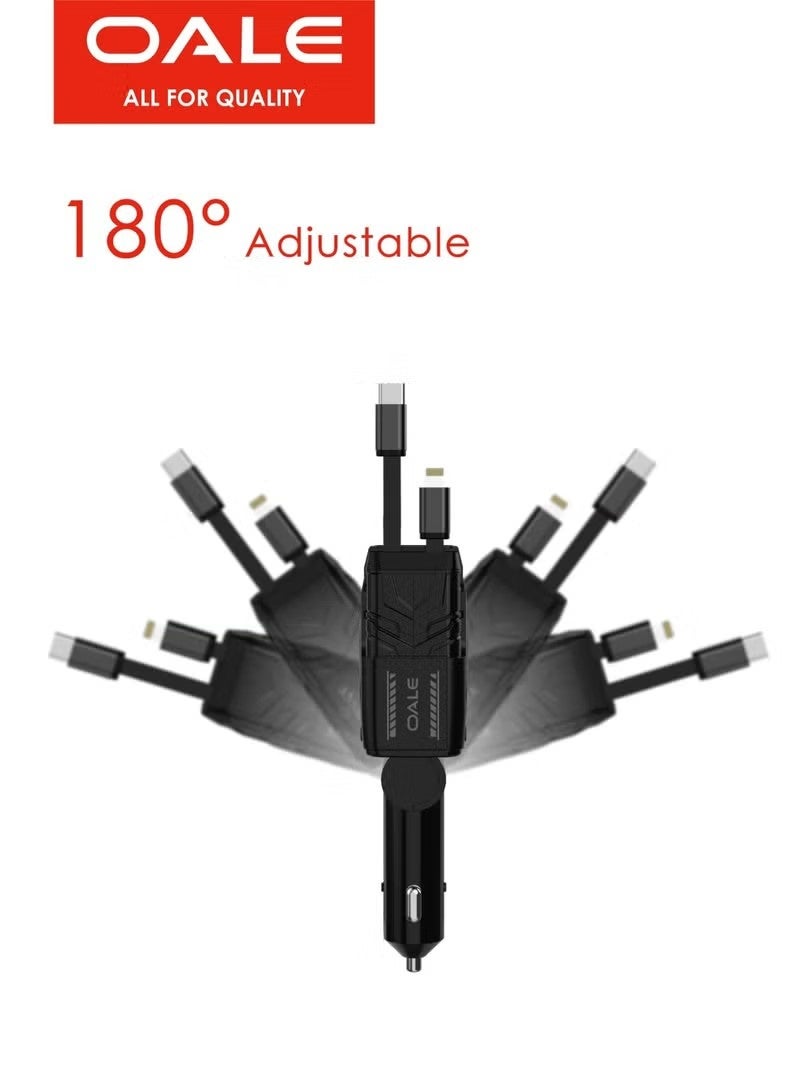 OALE 4-in-1 Car Charger, 180° Adjustable, Retractable Lightning & Type-C Cables, 30W Fast Charging, Multi-Device Compatible, 4 Outputs, Black - Image 2