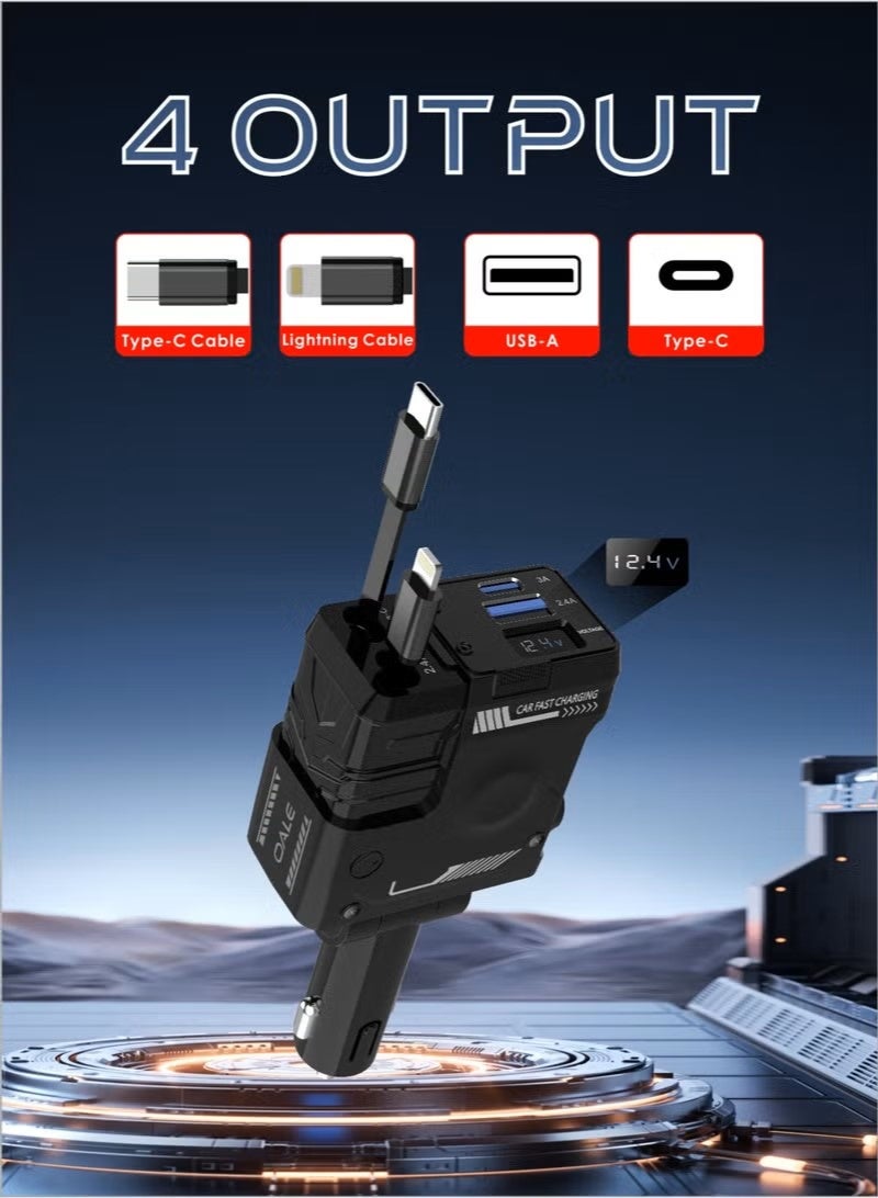 OALE 4-in-1 Car Charger, 180° Adjustable, Retractable Lightning & Type-C Cables, 30W Fast Charging, Multi-Device Compatible, 4 Outputs, Black - Image 3