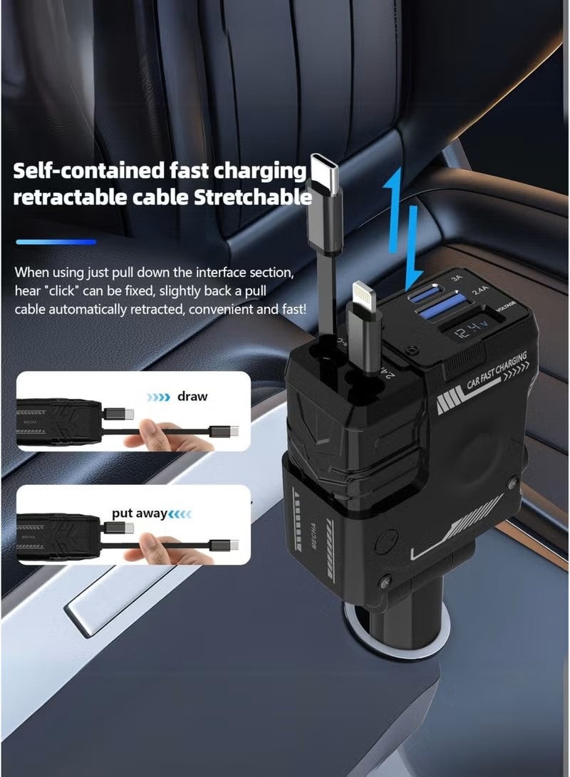 OALE 4-in-1 Car Charger, 180° Adjustable, Retractable Lightning & Type-C Cables, 30W Fast Charging, Multi-Device Compatible, 4 Outputs, Black - Image 4