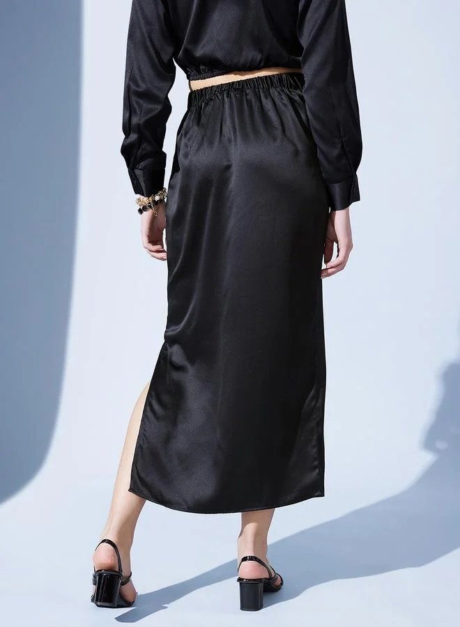STREET 9 STREET 9 Solid Satin Straight Fit Midi Skirt with Side Slit
