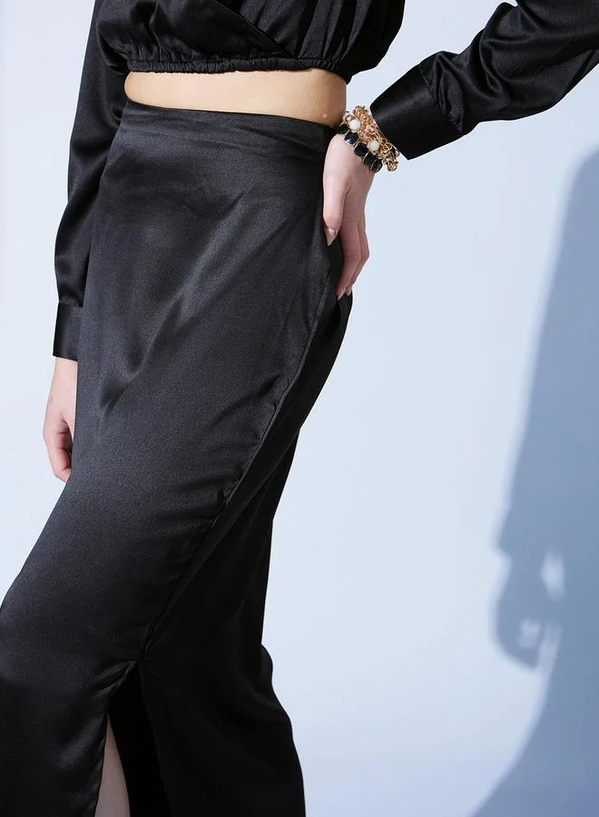 STREET 9 STREET 9 Solid Satin Straight Fit Midi Skirt with Side Slit