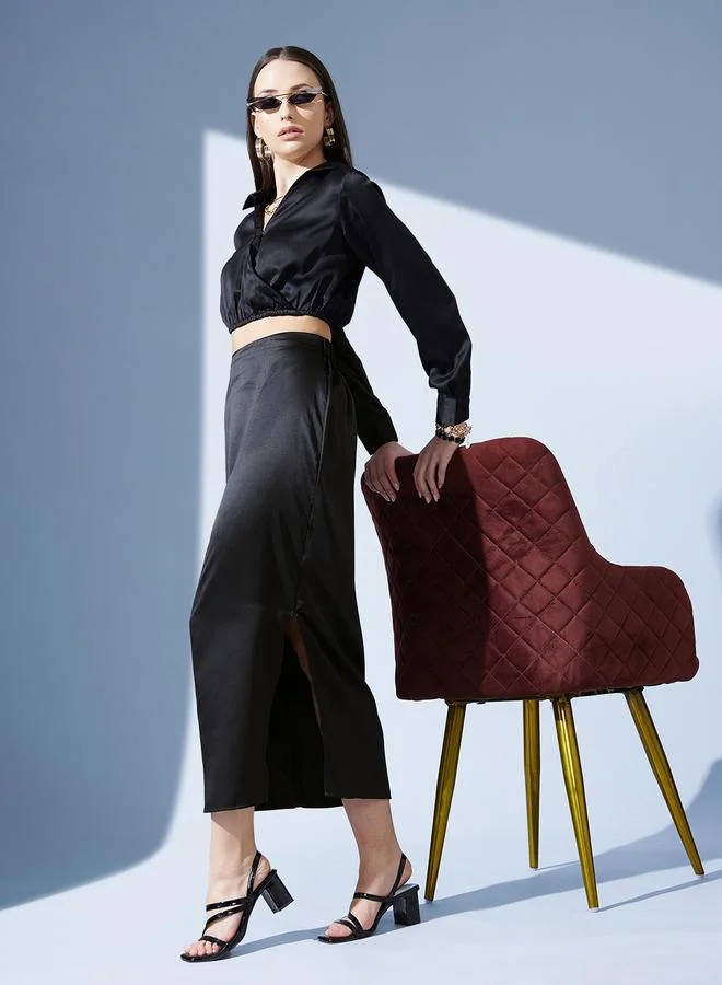 STREET 9 STREET 9 Solid Satin Straight Fit Midi Skirt with Side Slit