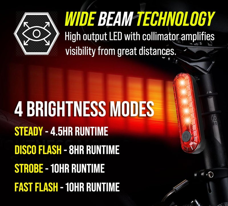 BLITZU USB-C Rechargeable Bike Tail Light 2 Pack, Bright Bicycle Rear Cycling Safety Flashlight Accessories for Night Riding, Cyborg 120T, 4 Light Modes for Adults Kids Men Women Road Mountain - Image 3