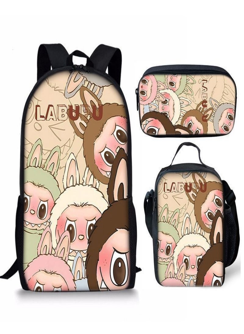 LABUBU Children Backpack Schoolbag Teen Student School Book bag with Lunch Box Pen Case 3 in 1 for Kids