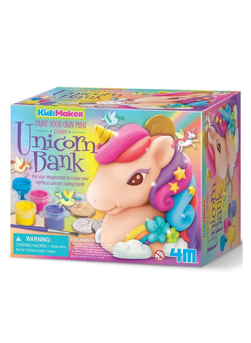 4M KidzMaker Paint Your Own Mini Glitter Unicorn Bank – DIY Craft Kit with Ceramic Unicorn, Glitter, Paints, and Brush to Decorate and Save Coins – Creative Activity for Kids Ages 5+ | 00-04778 - Image 1