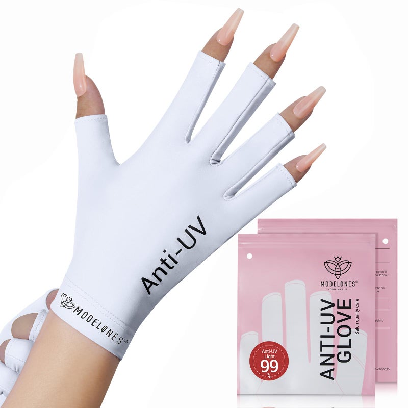 Modelones Premium UPF99+ UV Protection Fingerless Gloves for Gel Manicures, UV/LED Gel Nail Lamp, Nail Art Skin Care, Hand Protection (White) - Image 1
