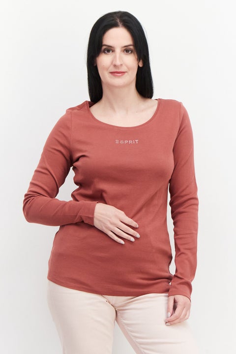 Women Round Neck Long Sleeves Brand Logo T-shirts, Brown