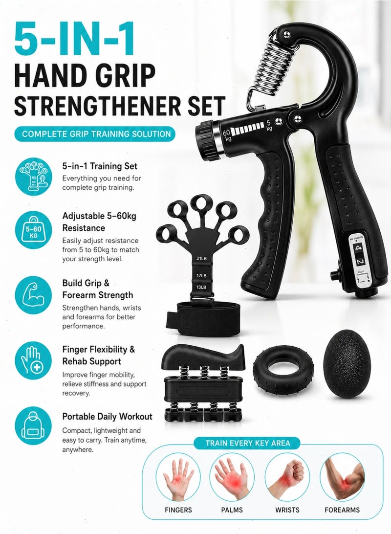 Yoawllty 5-Piece Hand Grip Strength Trainer Set, including a finger exerciser, stress ball, and forearm exercise ring, suitable for muscle training and post-injury rehabilitation. - Image 1