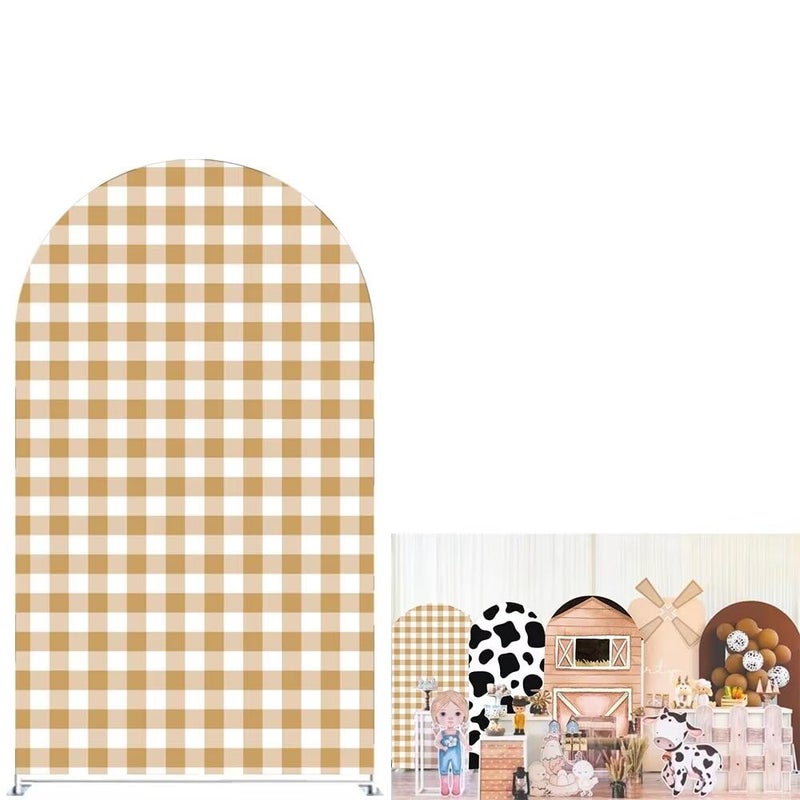 KONPON Beige Plaids Arch Background Covers for Farm Parties Stretchy Arched Stand Cover Baby Birthday Party Decoration(Only Cover) - Image 1