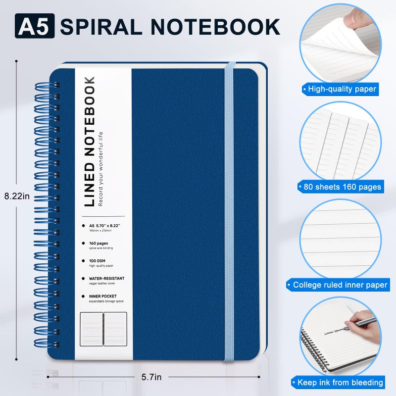 ABERLLS Blue Lined Spiral Journal Notebook with 160 Pages, 8Ã—5.7in, A5 Spiral Notebook, Journaling Notebooks for Work, School, Women, Men, College Ruled Spiral Notebook, Hardcover Leather Journals - Image 2