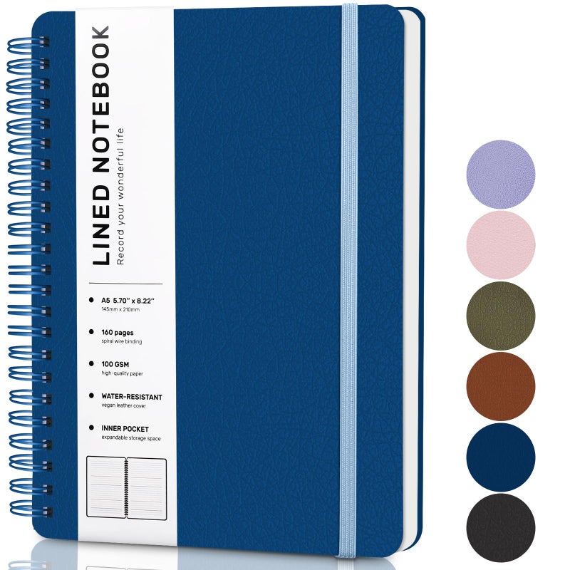 ABERLLS Blue Lined Spiral Journal Notebook with 160 Pages, 8Ã—5.7in, A5 Spiral Notebook, Journaling Notebooks for Work, School, Women, Men, College Ruled Spiral Notebook, Hardcover Leather Journals - Image 1