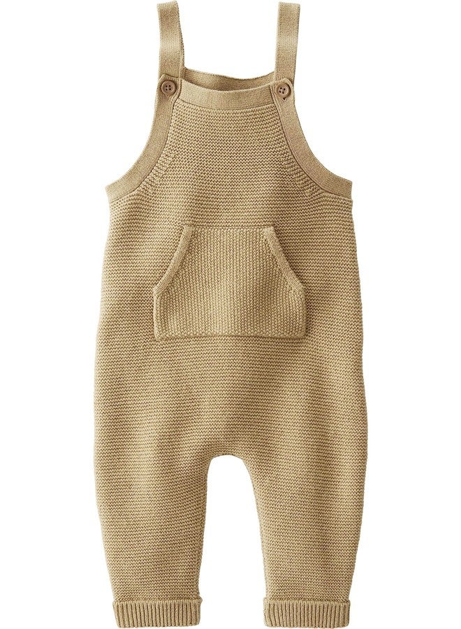 little planet by carter's unisex-baby Organic Cotton Sweater Knit Overalls, Camp Khaki, 12 Months - Image 1