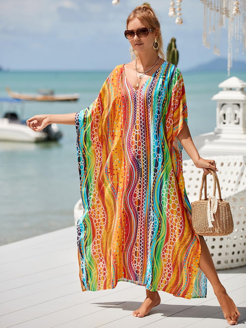 IMAGEKOPE Kaftan Dresses for Women Plus Size Bathing Suit Cover up Vneck Batwing Dress Loose fit Moroccan Caftan mumu Dresses - Image 2