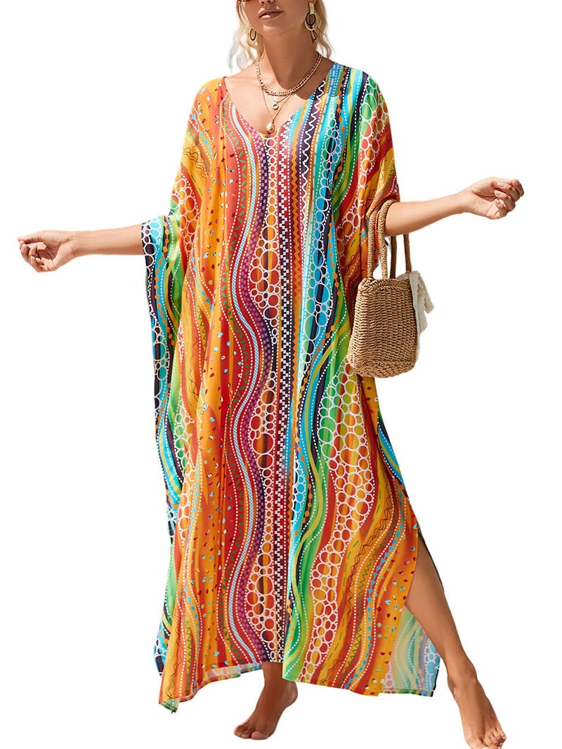 IMAGEKOPE Kaftan Dresses for Women Plus Size Bathing Suit Cover up Vneck Batwing Dress Loose fit Moroccan Caftan mumu Dresses - Image 1