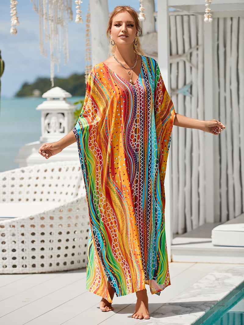 IMAGEKOPE Kaftan Dresses for Women Plus Size Bathing Suit Cover up Vneck Batwing Dress Loose fit Moroccan Caftan mumu Dresses - Image 5