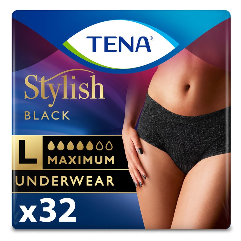 Tena Stylish Black Incontinence Bladder Control Underwear for Women Maximum Absorbency Large 32 ct 2 Packs of 16