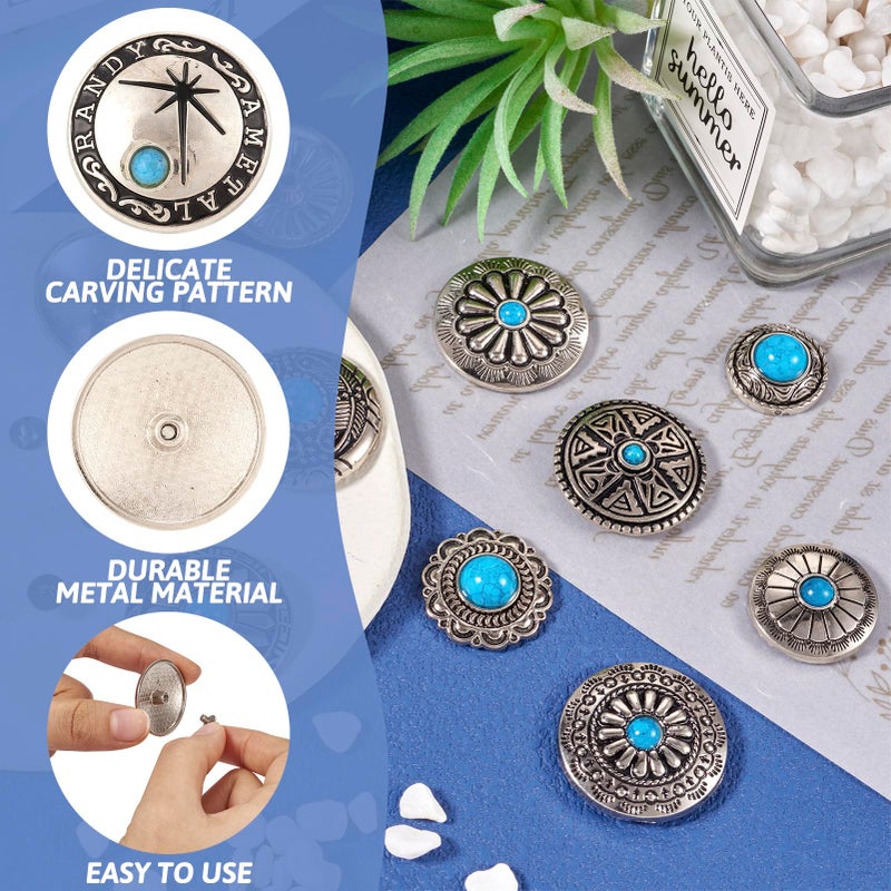 Spritewelry 48pcs/22 Sets Leather Decorative Conchos Stud Screw Back Buttons Imitation Turquoise Rapid Rivets Vintage Metal Button Replacement Alloy Buckle Rivet for Fabrics Sewing Decor - Image 4