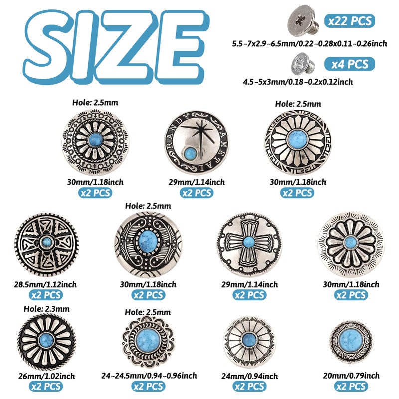 Spritewelry 48pcs/22 Sets Leather Decorative Conchos Stud Screw Back Buttons Imitation Turquoise Rapid Rivets Vintage Metal Button Replacement Alloy Buckle Rivet for Fabrics Sewing Decor - Image 5