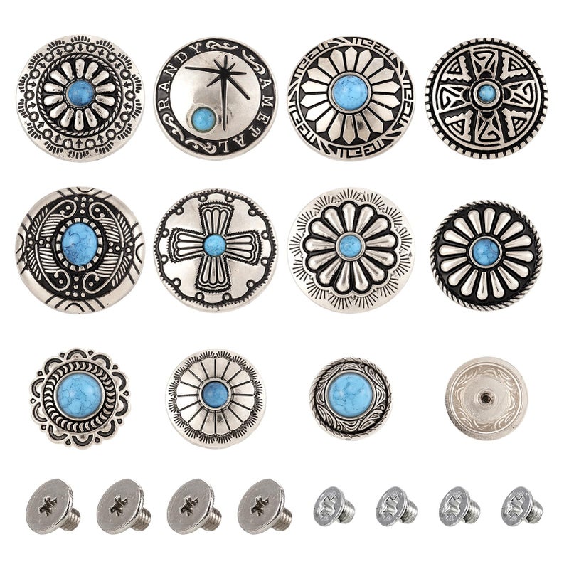 Spritewelry 48pcs/22 Sets Leather Decorative Conchos Stud Screw Back Buttons Imitation Turquoise Rapid Rivets Vintage Metal Button Replacement Alloy Buckle Rivet for Fabrics Sewing Decor - Image 1