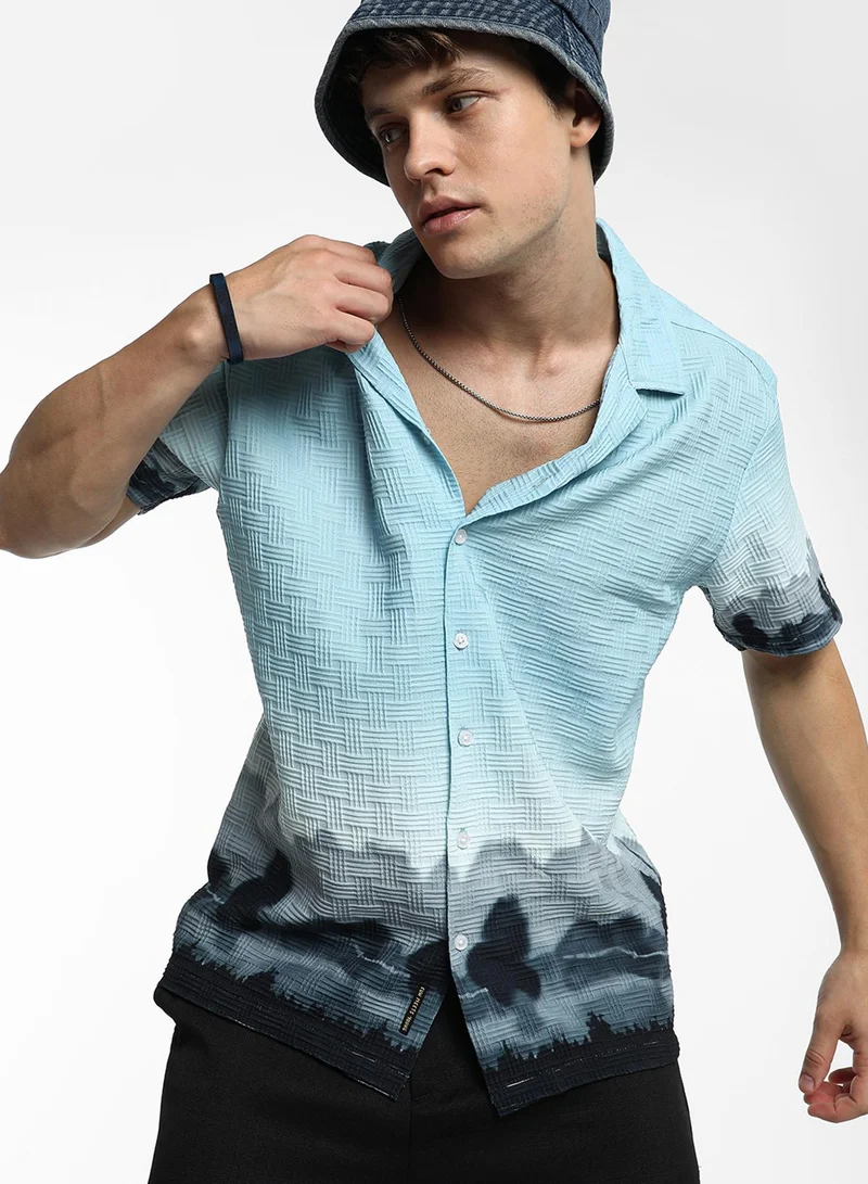 Campus Sutra Campus Sutra Men's Sky Blue & Space Blue Lakeside Ombre Shirt For Casual Wear | Cuban Collar | Short Sleeve | Button Closure | Shirt Crafted With Comfort Fit For Everyday Wear