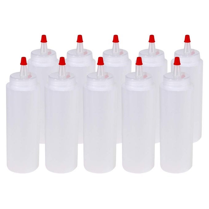 10 PACK 8OUNCE PLASTIC SQUEEZE BOTTLES WITH RED TIP CAPS FOR FOOD CRAFTS ART MULTI PURPOSE
