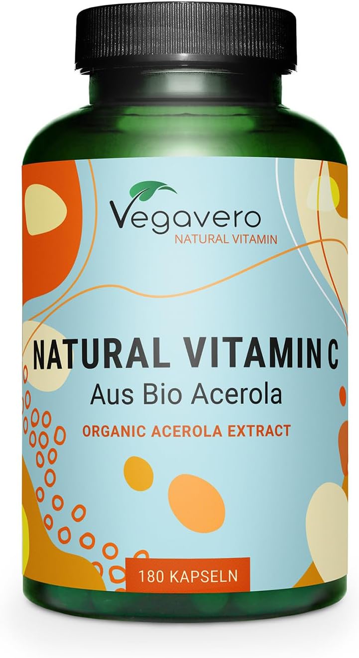 Vegavero Natural Vitamin C Supplement Organic VIT C from Acerola Cherry Extract 225 NRV NO Additives 180 Capsules Vegan - Image 1