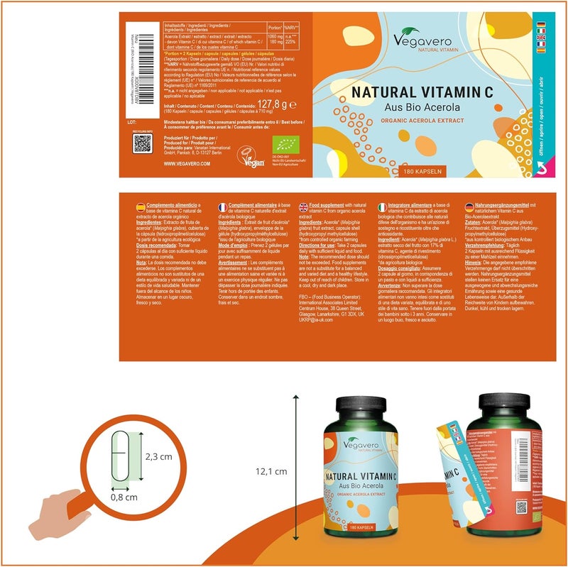 Vegavero Natural Vitamin C Supplement Organic VIT C from Acerola Cherry Extract 225 NRV NO Additives 180 Capsules Vegan - Image 3