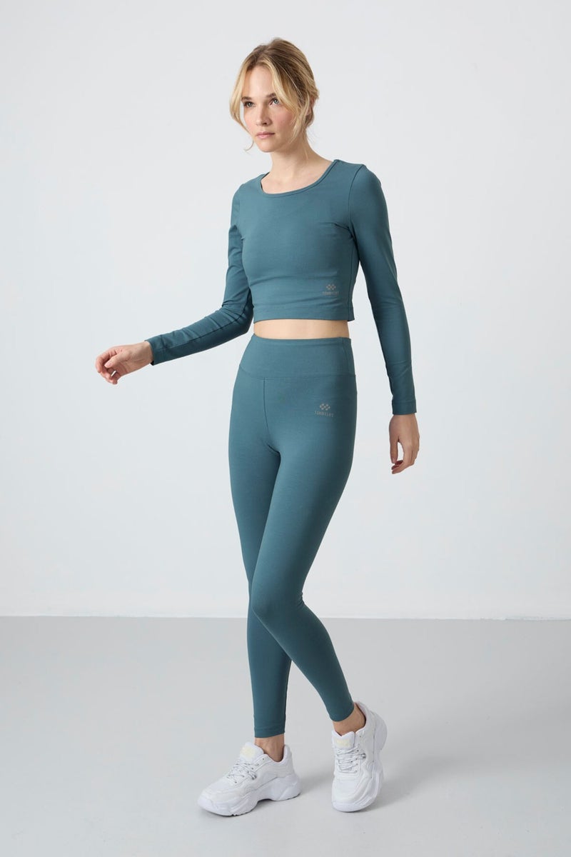 Tommy Life Forest Green High Waist Long Sleeve Slim Fit Crop Top Women's Leggings Set - 95286  - Image 1