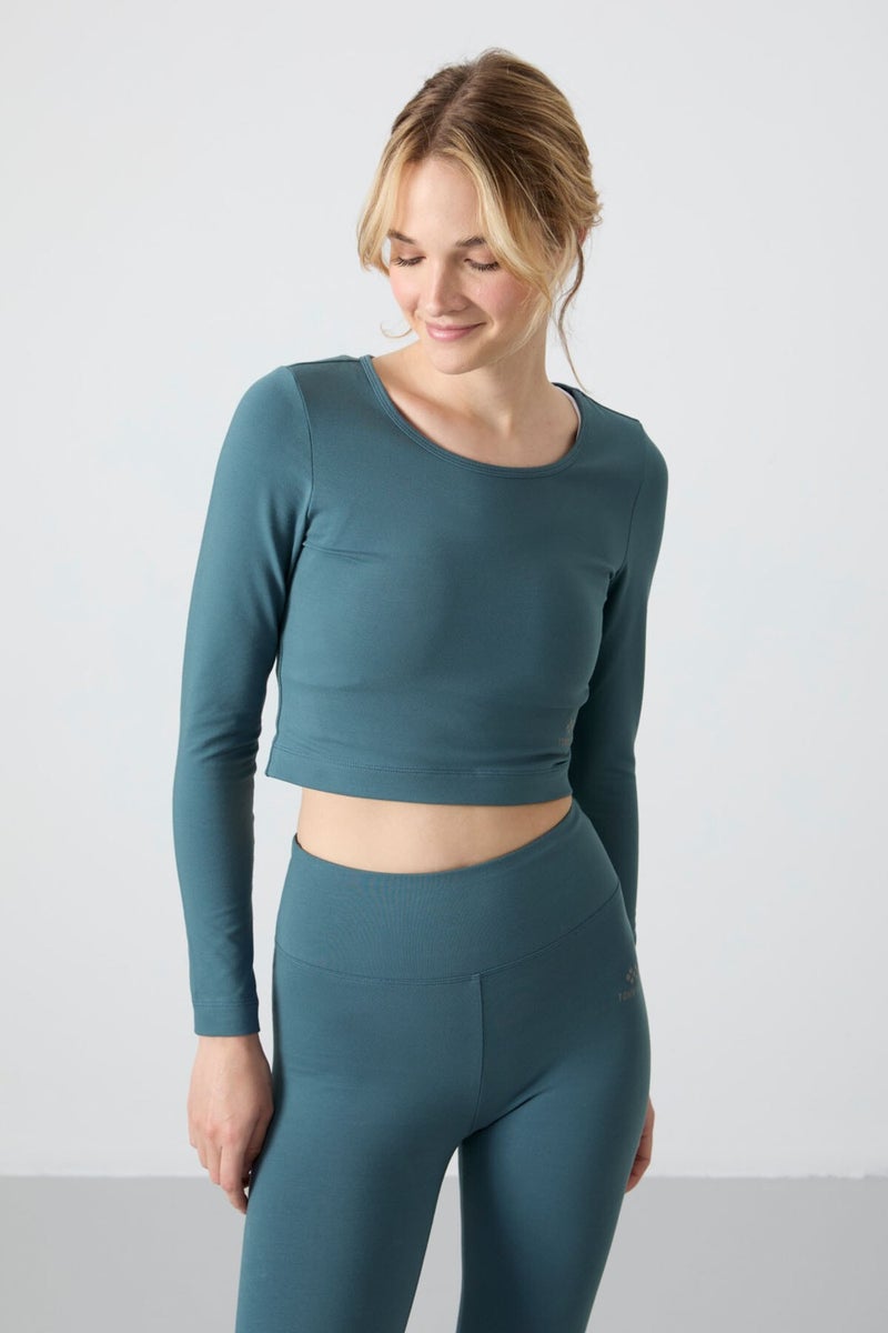 Tommy Life Forest Green High Waist Long Sleeve Slim Fit Crop Top Women's Leggings Set - 95286  - Image 3