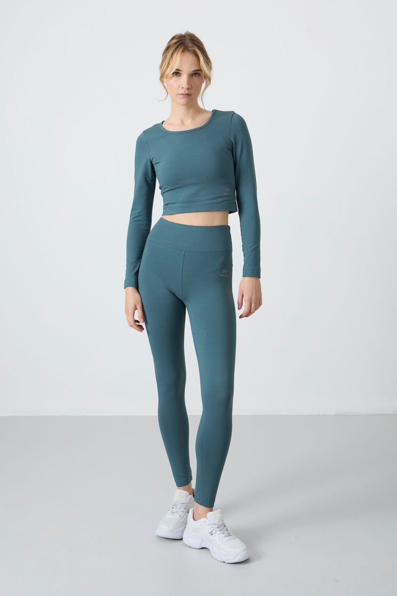 Tommy Life Forest Green High Waist Long Sleeve Slim Fit Crop Top Women's Leggings Set - 95286  - Image 4