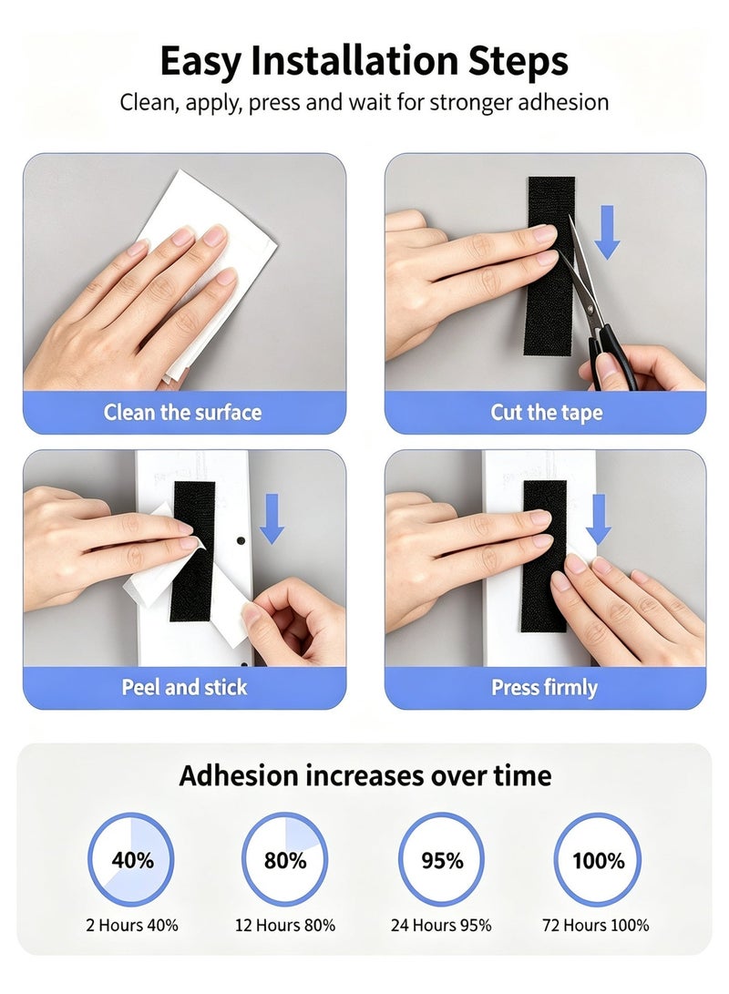 jaexest 16 Pcs Self Adhesive Hook and Loop Tape Strips, 3x10cm Heavy Duty Double Sided Mounting Tape with Sticky Back, Industrial Strength Nylon Fastener for Wall Mount Picture Hanging and Cable Management, Removable Interlocking Strips for Home Office School Organization, Black - Image 5